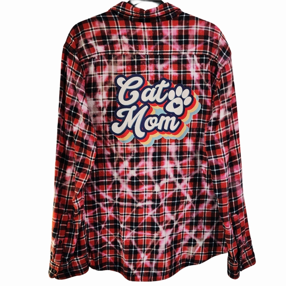 Cat Mom Orange & Blue Custom Upcycled Plaid Flannel Shirt, XL